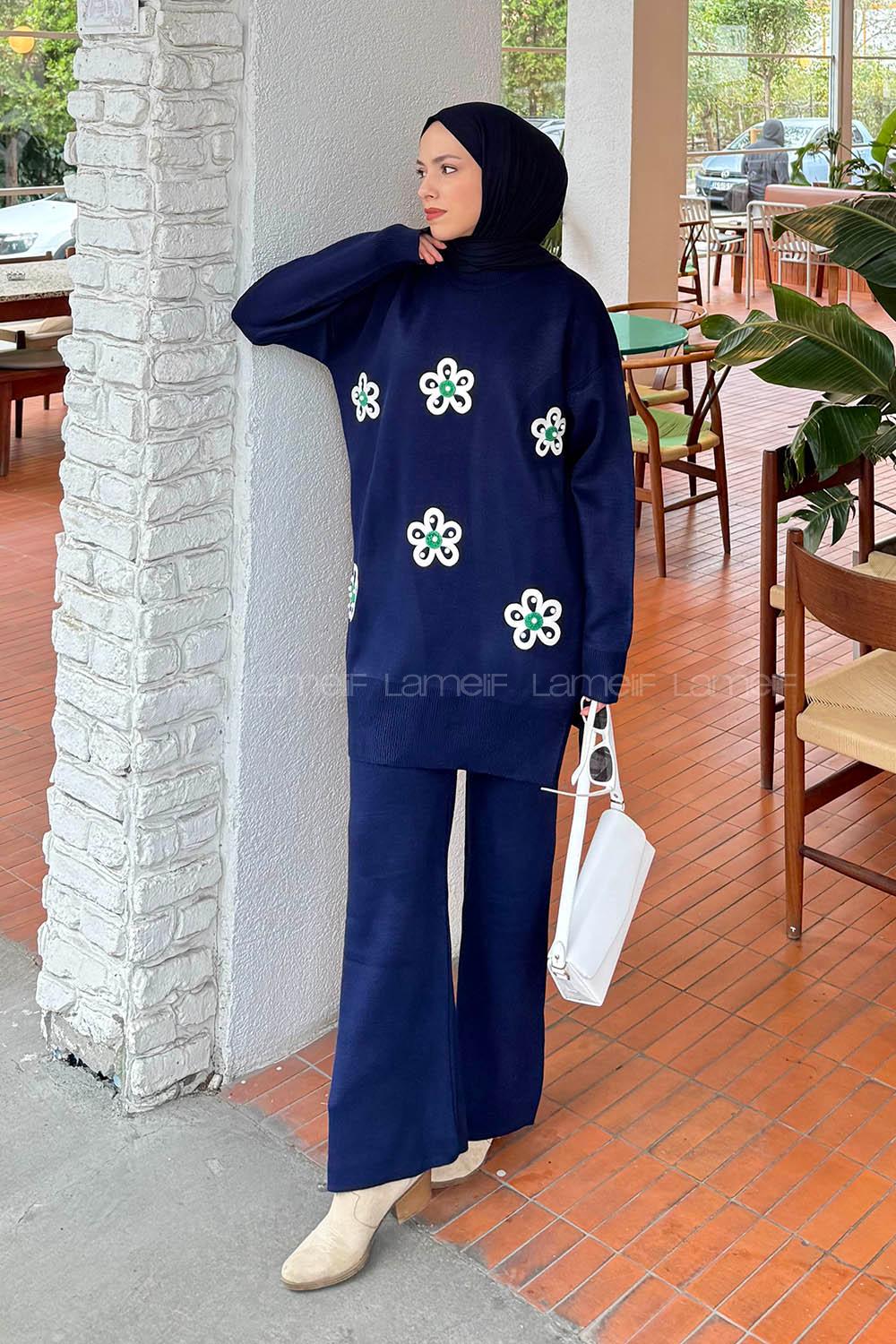 Lamelif İnci Detaylı Triko Takım Lacivert