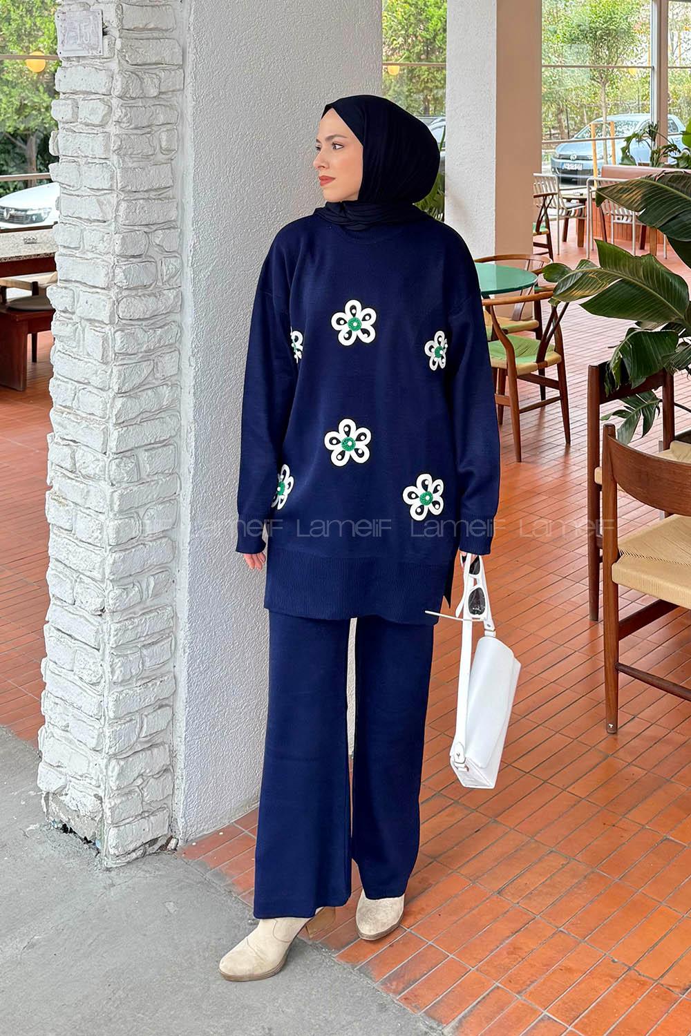 Lamelif İnci Detaylı Triko Takım Lacivert