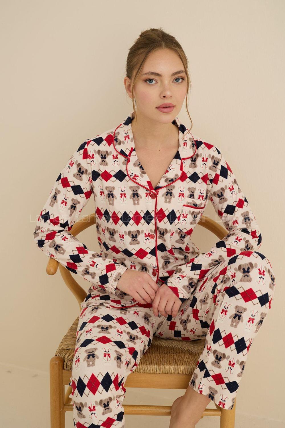 Lamelif Yakalı Düğmeli Pijama Takımı Bej