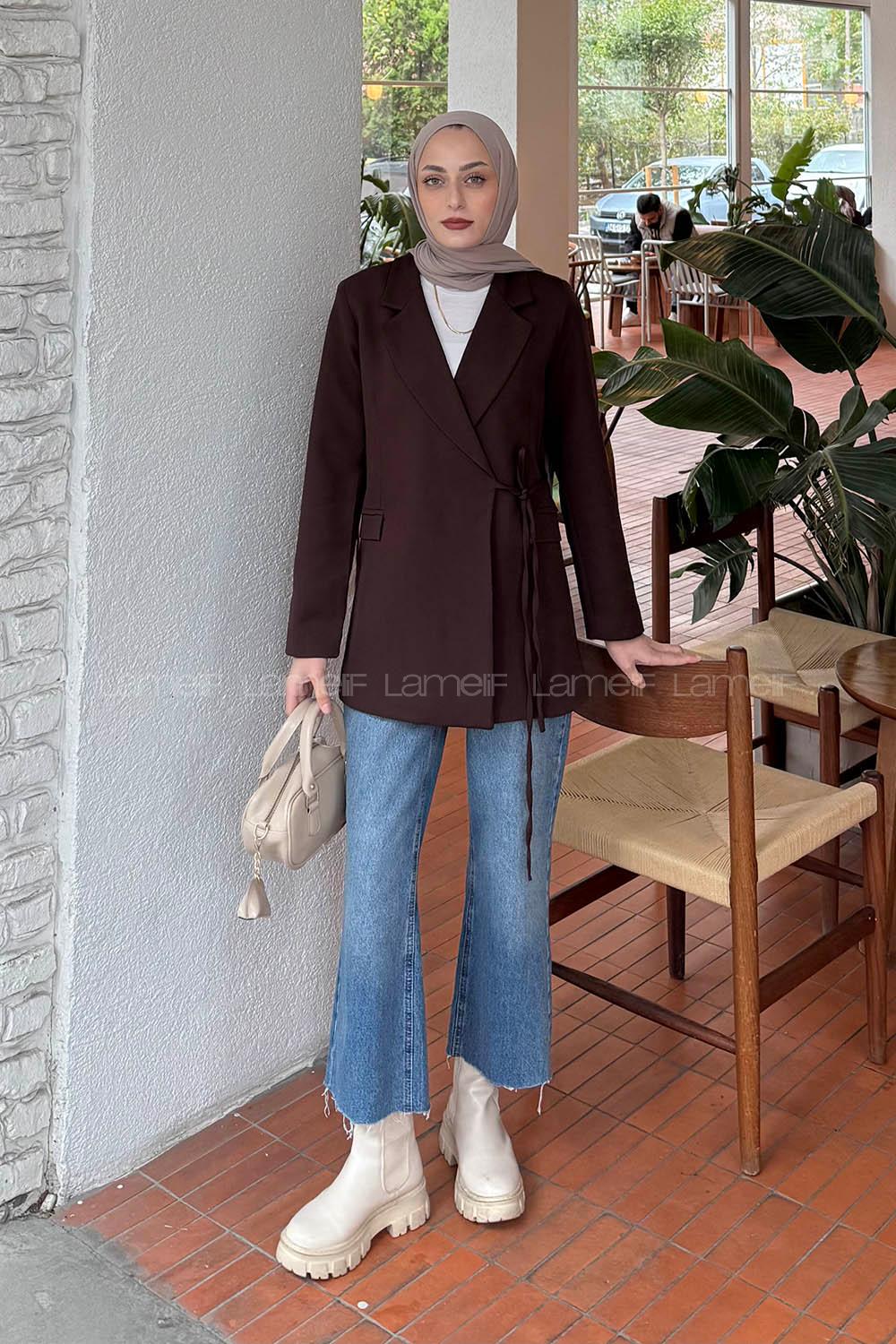Lamelif Yan Bağlama Detaylı Ceket Acı Kahve