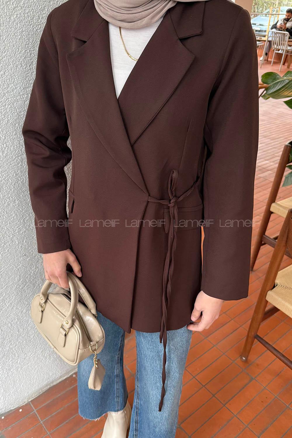 Lamelif Yan Bağlama Detaylı Ceket Acı Kahve