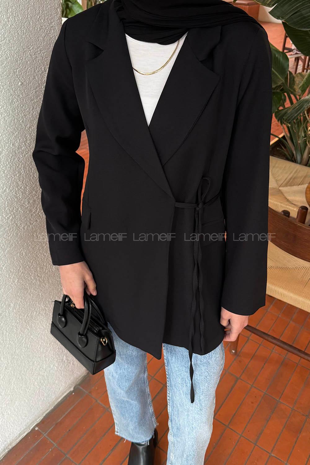 Lamelif Yan Bağlama Detaylı Ceket Siyah