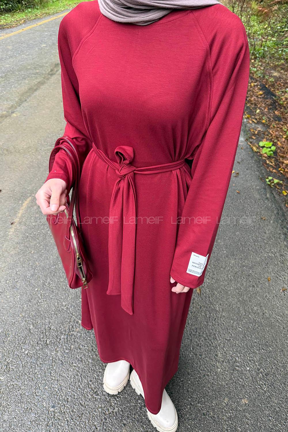 Lamelif Arma Detaylı Elbise Bordo