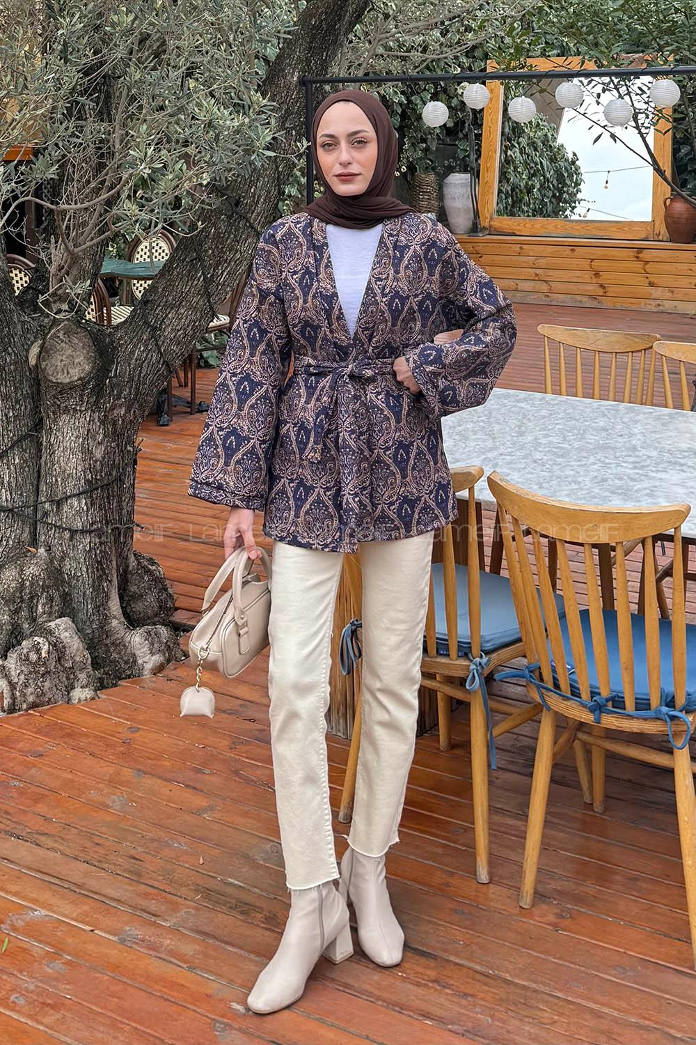 Lamelif Etnik Desen Kapitone Ceket Lacivert