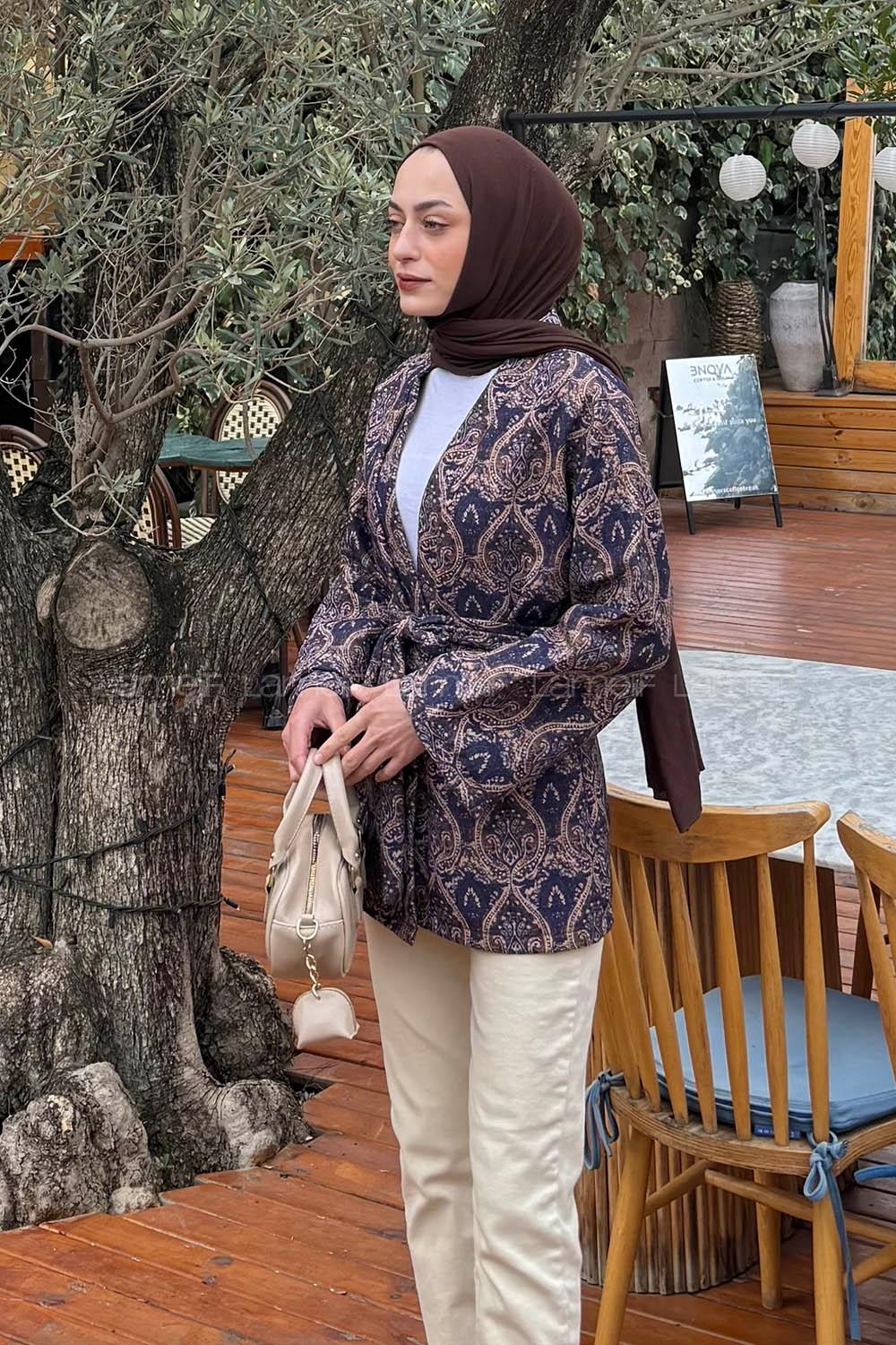 Lamelif Etnik Desen Kapitone Ceket Lacivert