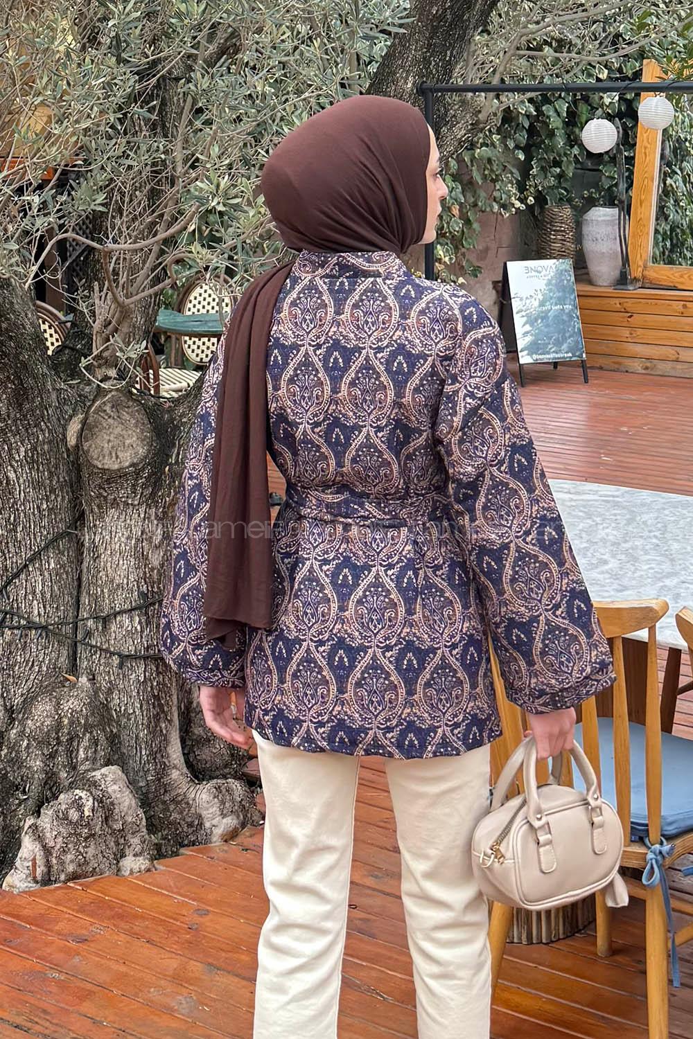 Lamelif Etnik Desen Kapitone Ceket Lacivert