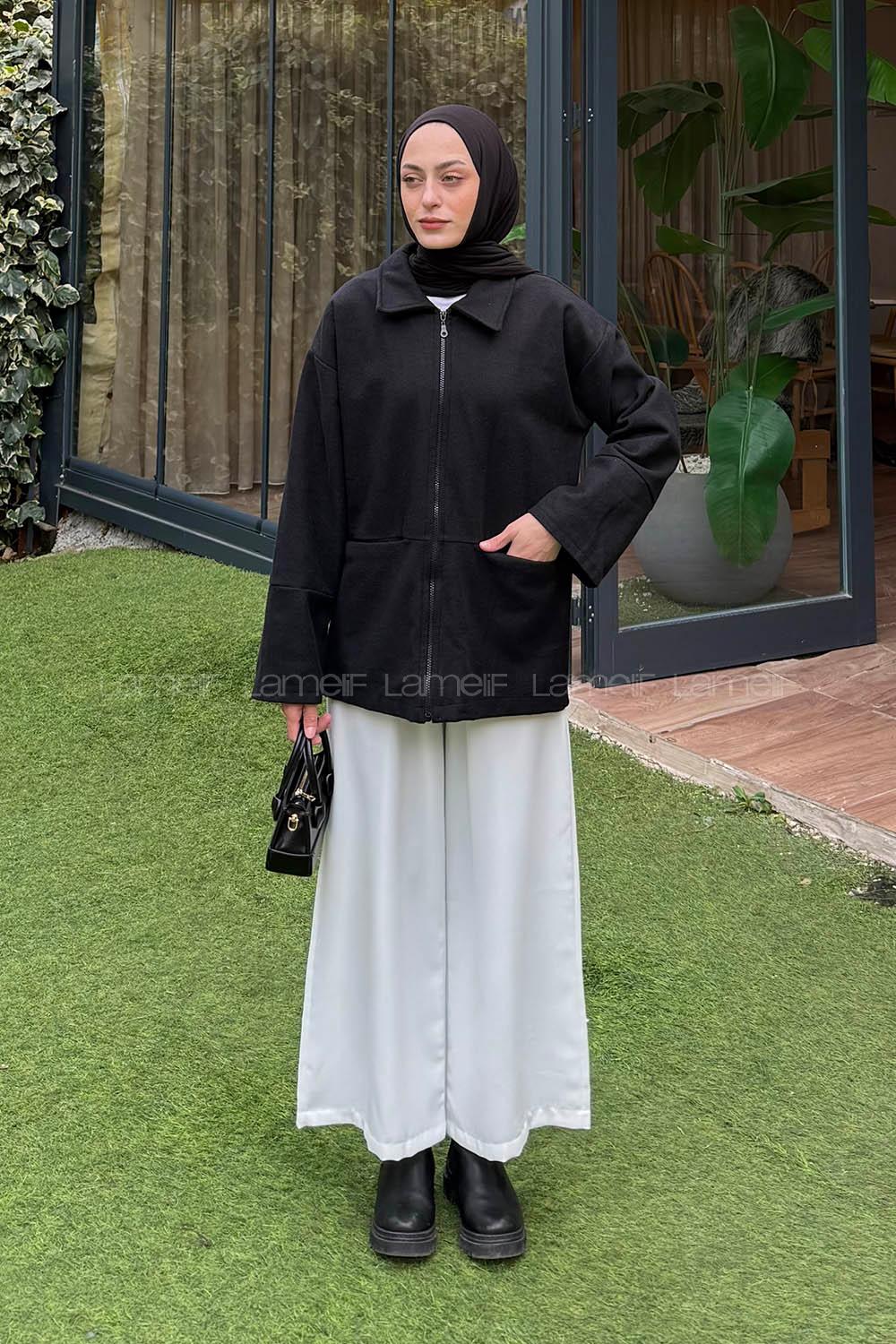 Lamelif Fermuarlı Tesettür Ceket Siyah