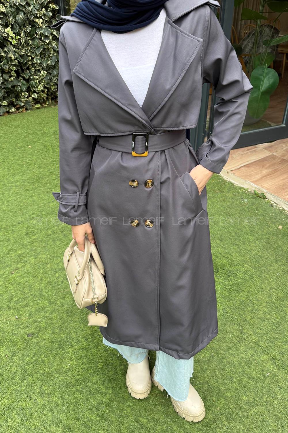 Lamelif Kuşaklı Omuz Apoletli Trençkot Antrasit