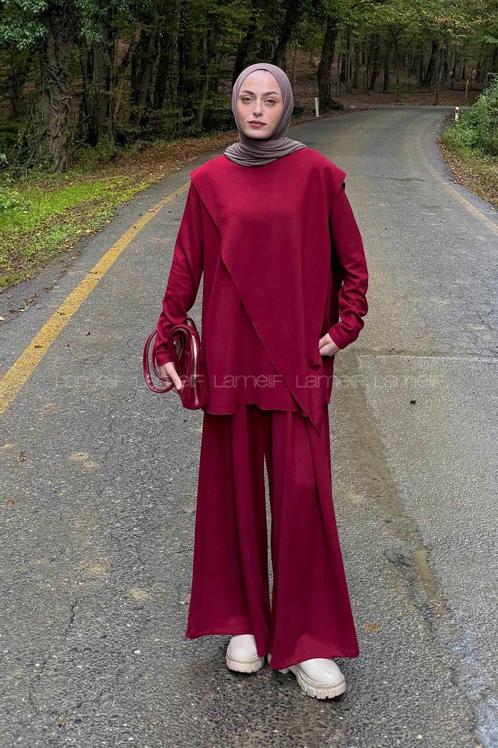Claret Red Normal Neck Long Arm Cotton Elastan Regular Trousers Comfortable Suit