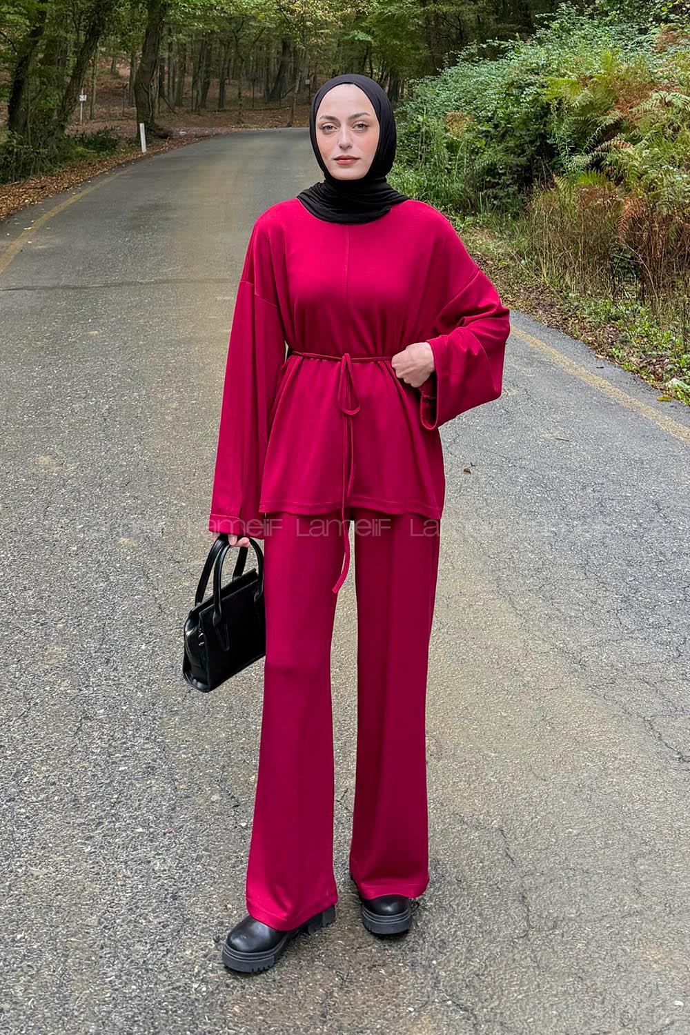 Claret Red Crew Neck Long Arm Cotton Regular Trousers Comfortable Suit