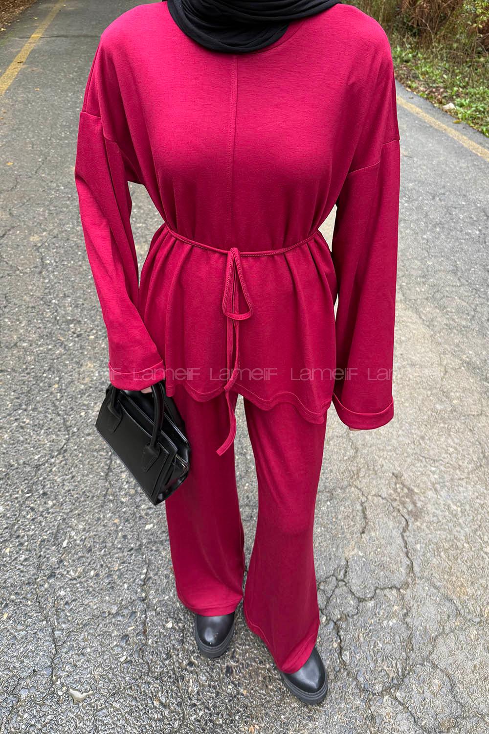 Claret Red Crew Neck Long Arm Cotton Regular Trousers Comfortable Suit