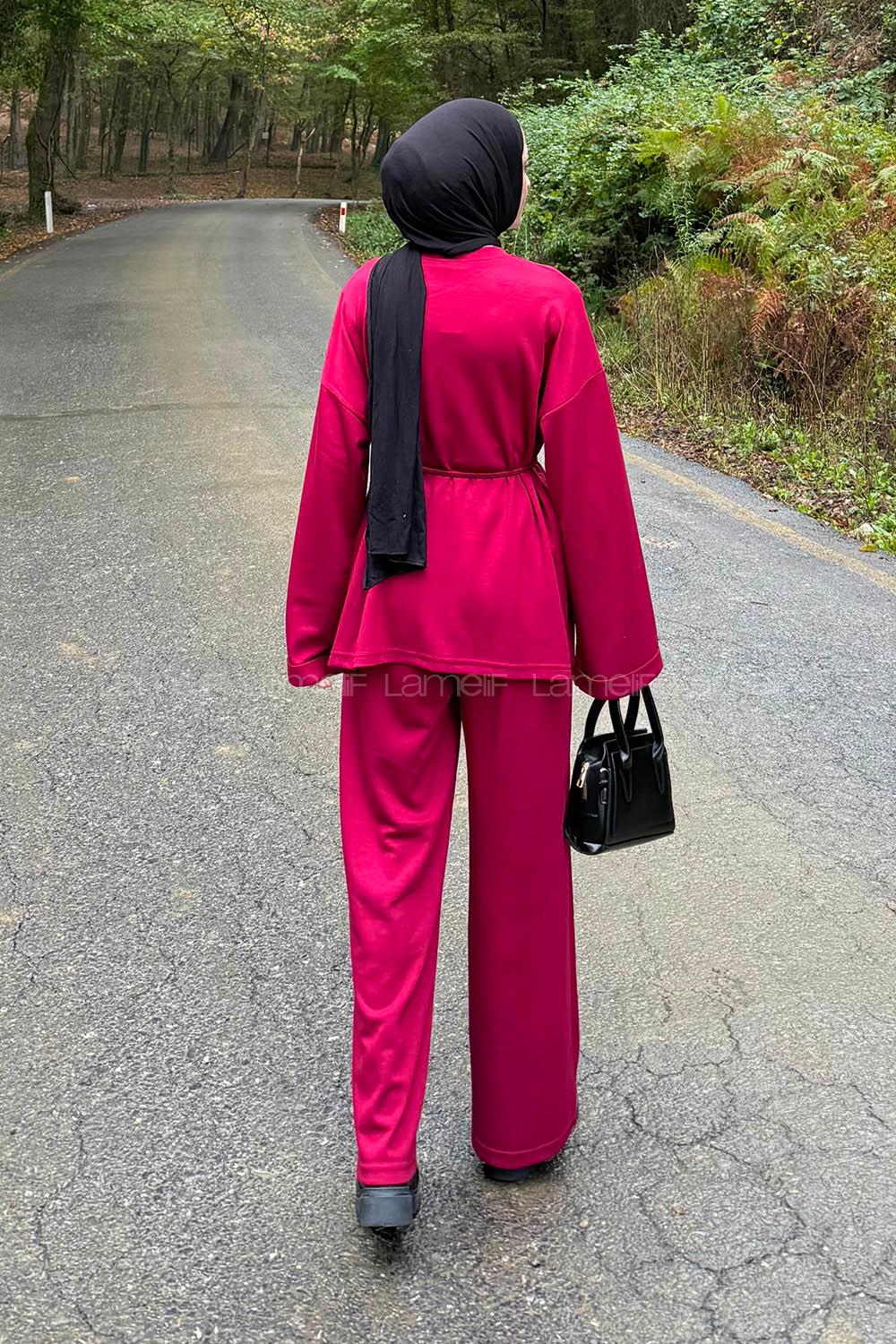 Claret Red Crew Neck Long Arm Cotton Regular Trousers Comfortable Suit