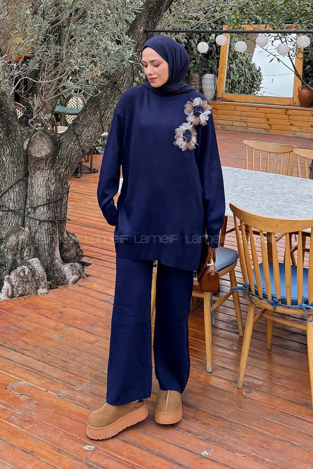 Navy Blue Neckband Long Arm Acrylic Knitwear Regular Trousers Comfortable Suit