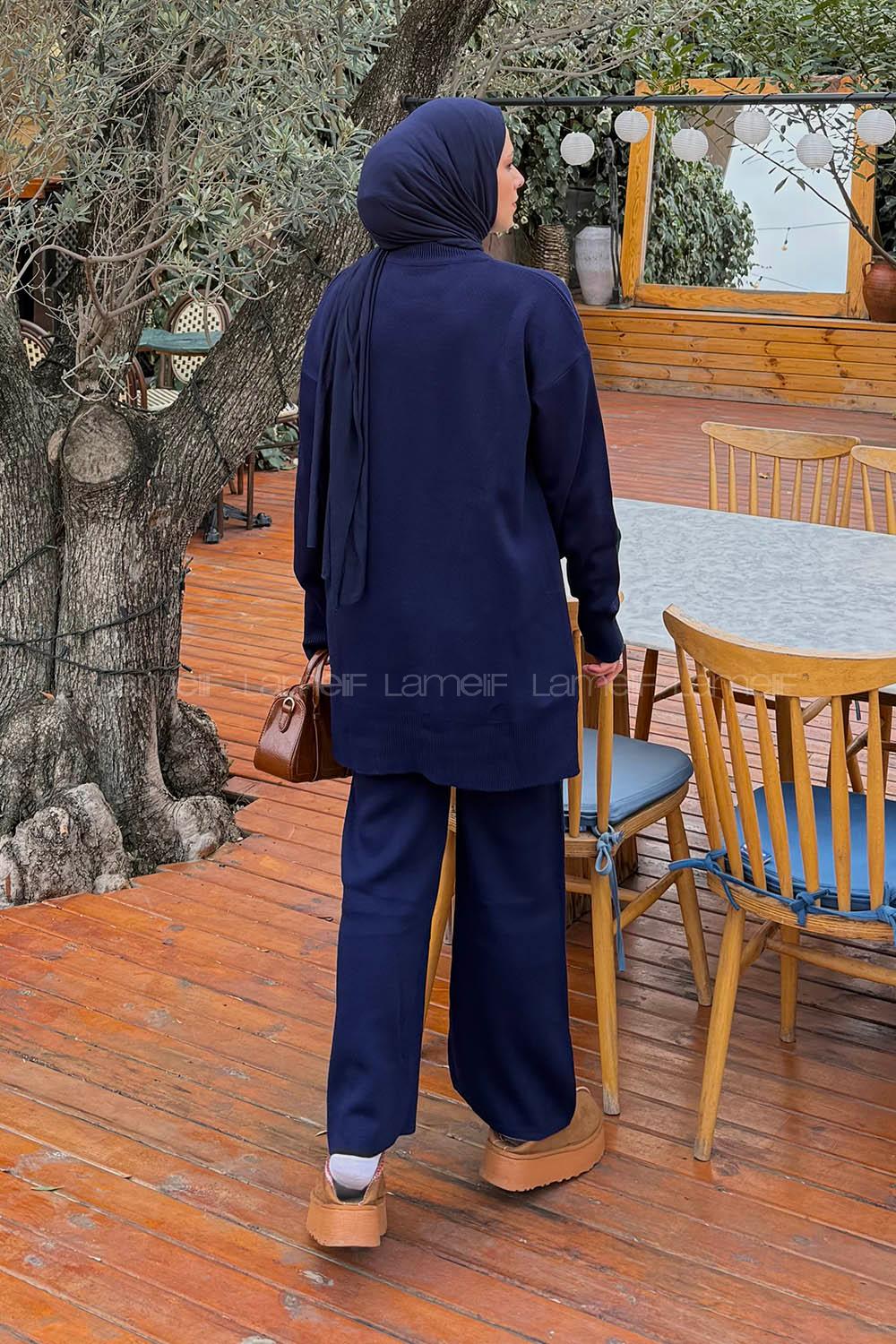 Navy Blue Neckband Long Arm Acrylic Knitwear Regular Trousers Comfortable Suit