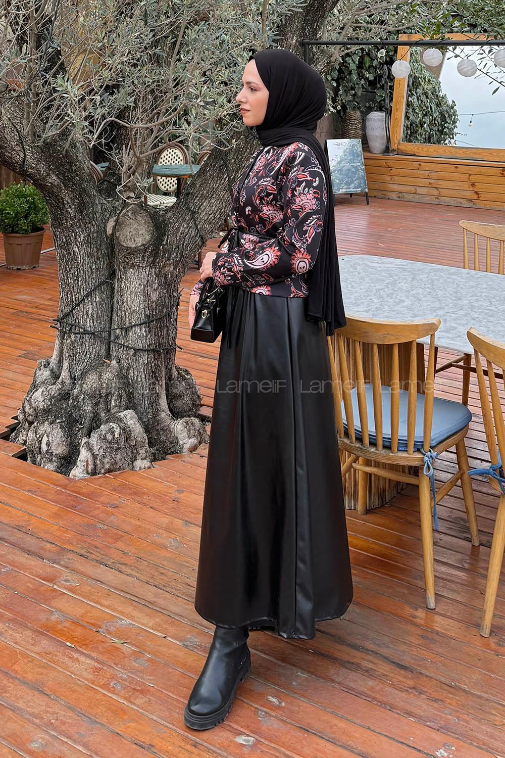 Lamelif Deri Etekli Desenli Takım Siyah