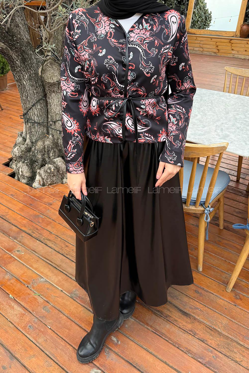 Lamelif Deri Etekli Desenli Takım Siyah