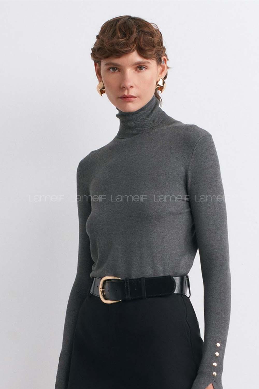 Lamelif Dilvin Balıkçı Yaka Kazak Koyu Füme