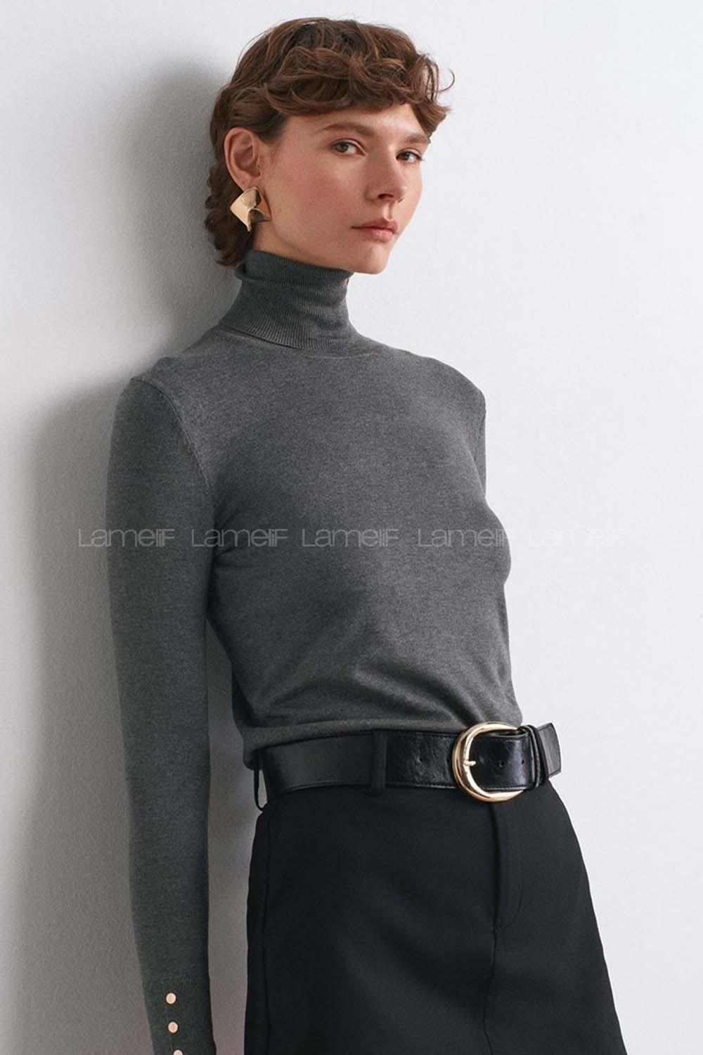 Lamelif Dilvin Balıkçı Yaka Kazak Koyu Füme