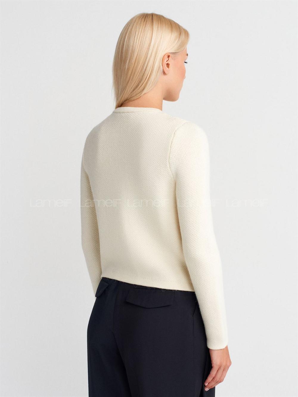 Lamelif Dilvin İncili Fiyonk Aksesuarlı Triko Hırka Ekru