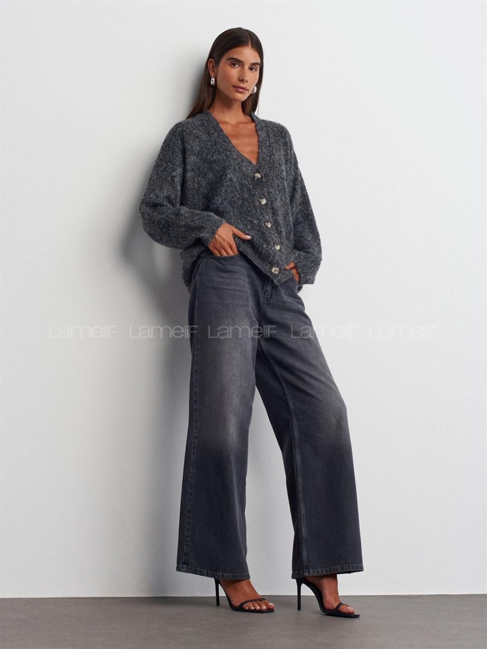 Lamelif Dilvin V Yaka Şardonlu Düğmeli Triko Hırka Antrasit