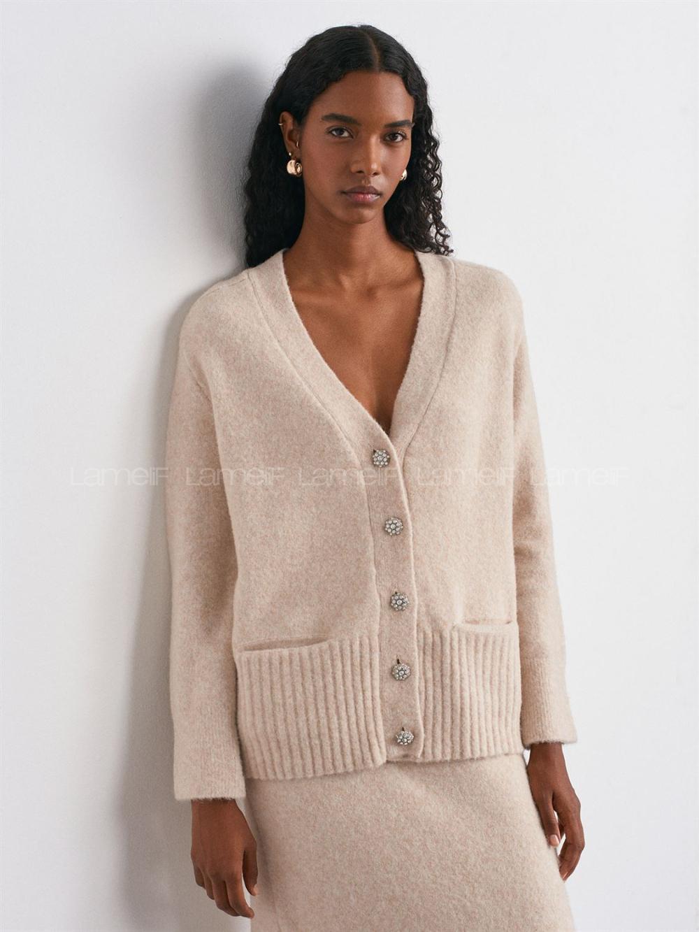Beige Normal Neck V Neck Cardigan