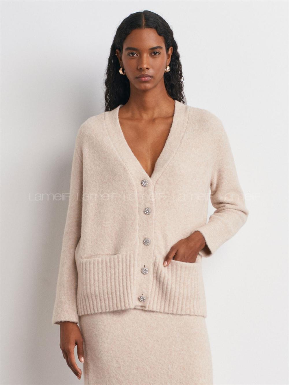 Beige Normal Neck V Neck Cardigan