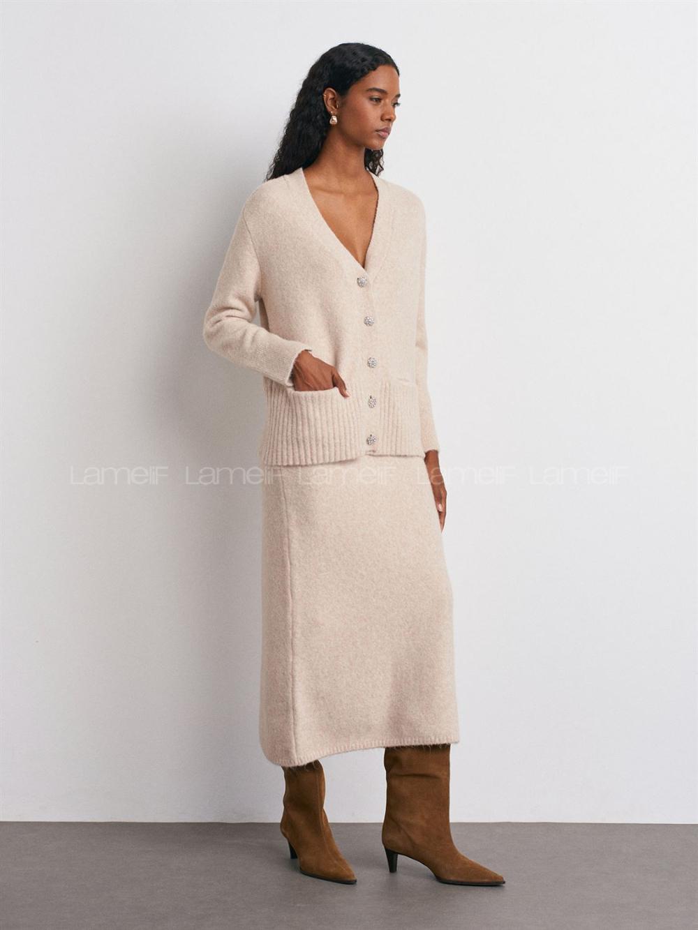 Beige Normal Neck V Neck Cardigan