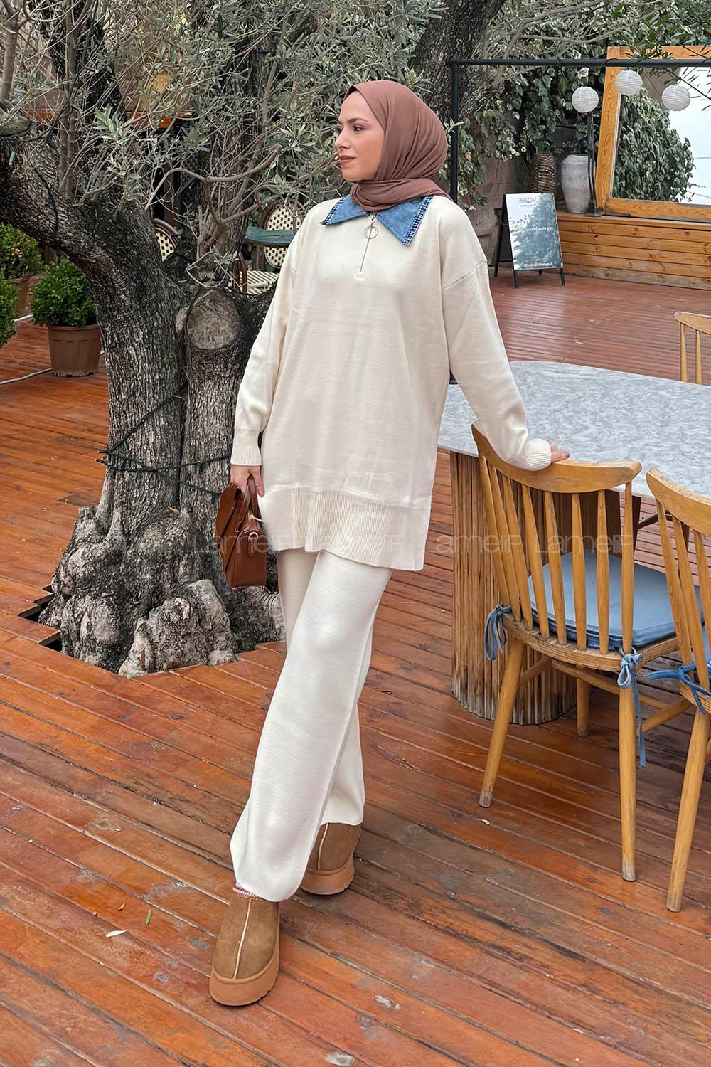 Lamelif Garnili Yaka Triko Takım Bej