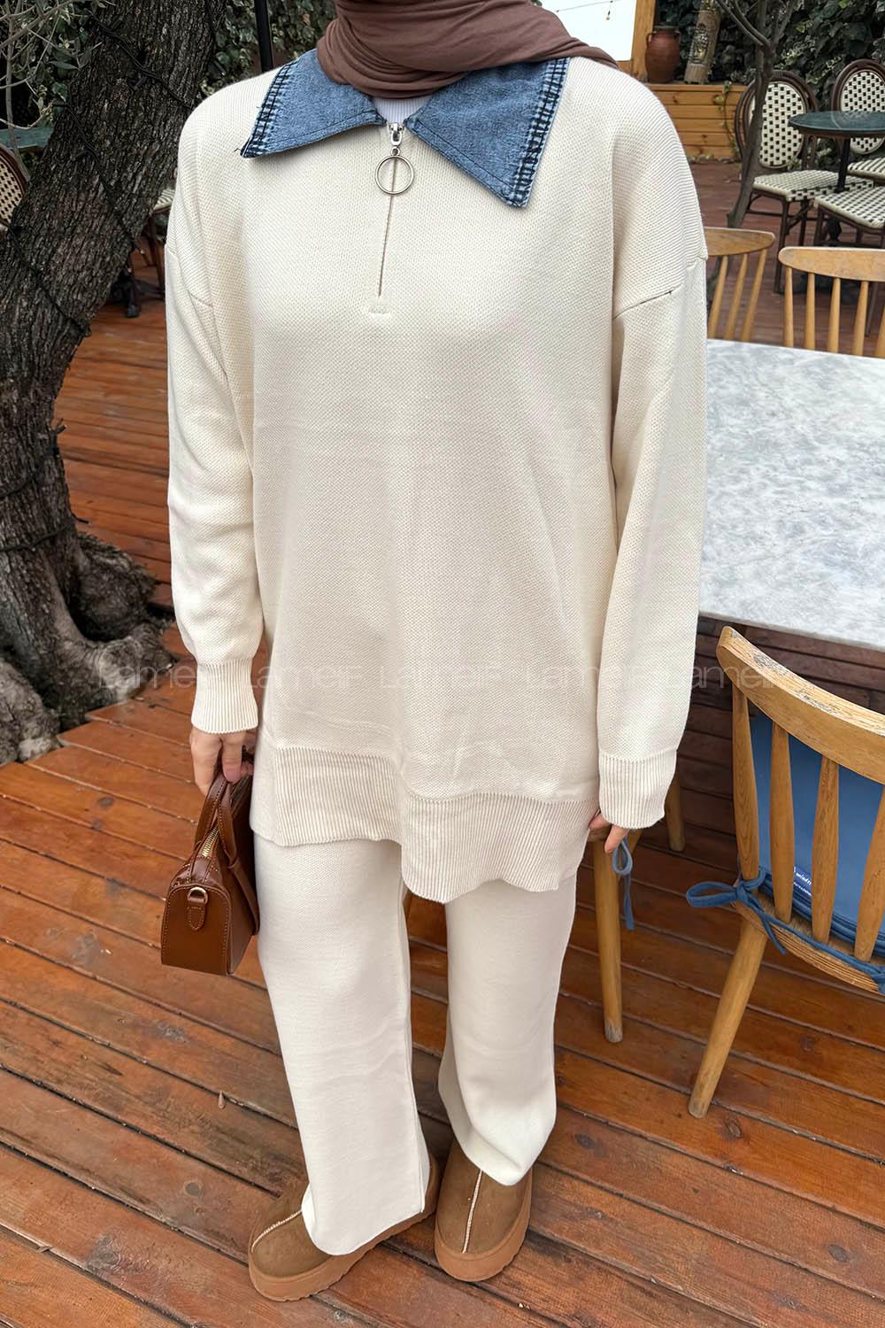 Lamelif Garnili Yaka Triko Takım Bej