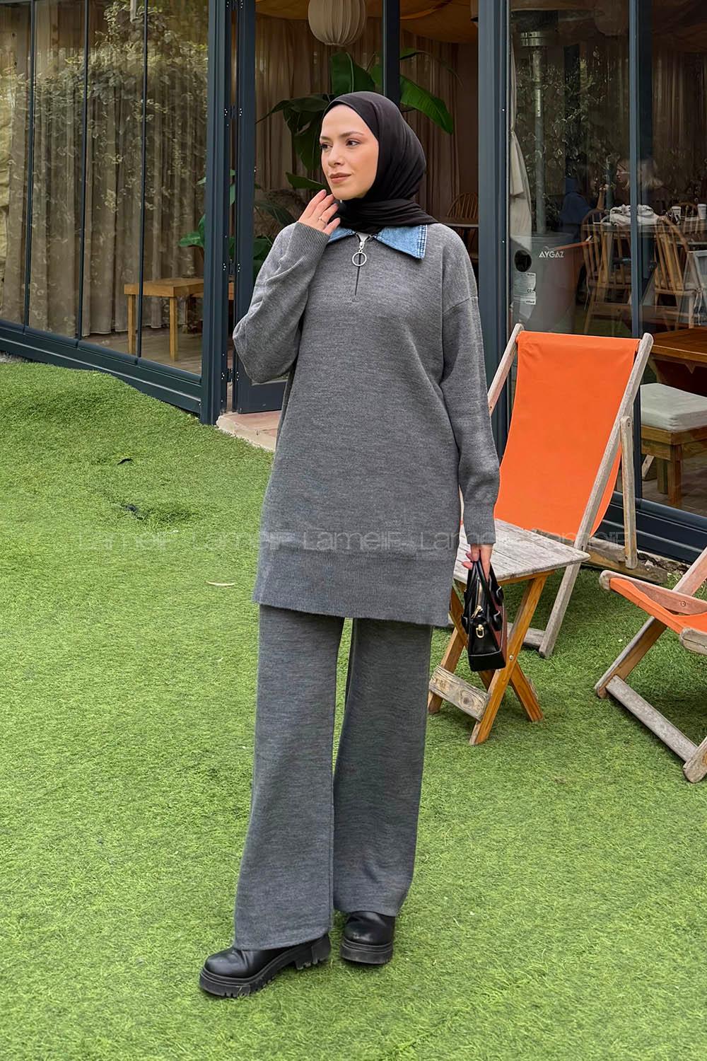 Lamelif Garnili Yaka Triko Takım Füme