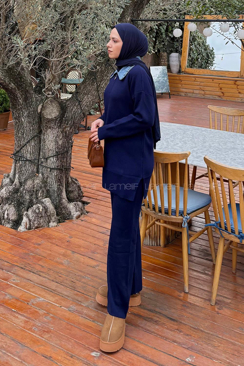 Lamelif Garnili Yaka Triko Takım Lacivert