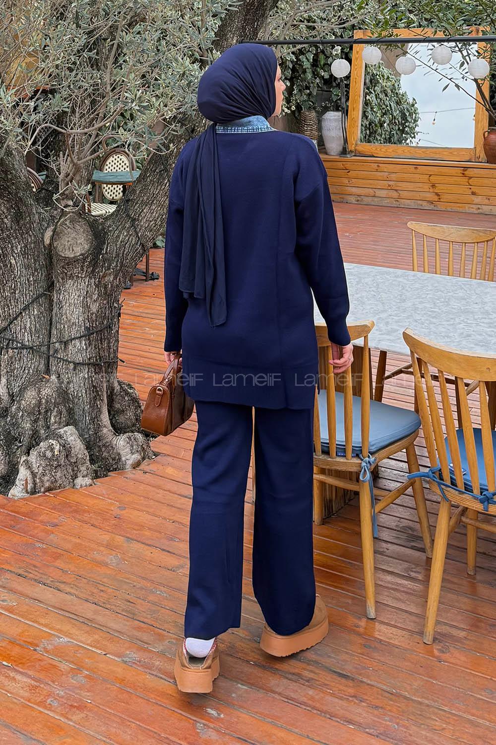 Lamelif Garnili Yaka Triko Takım Lacivert