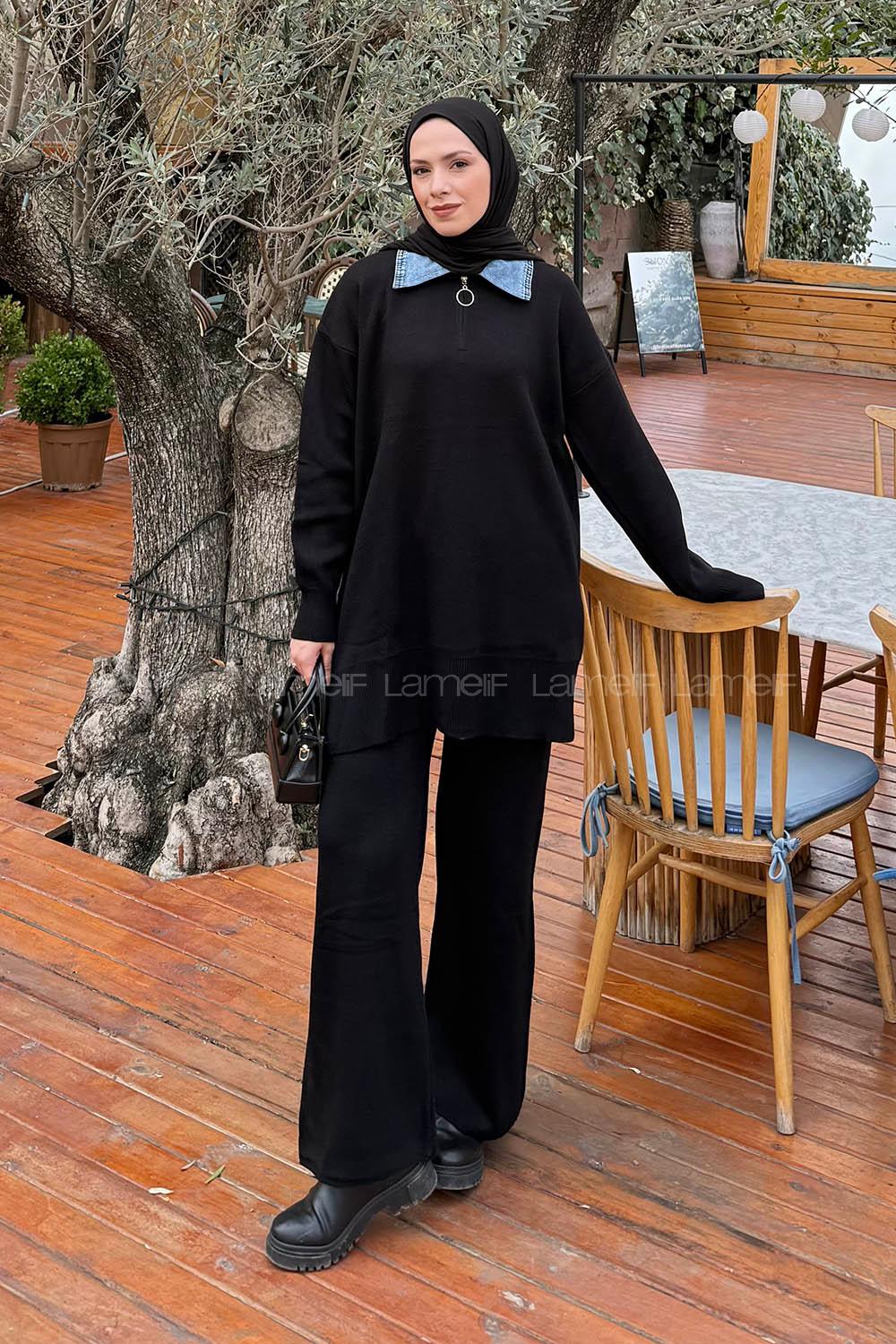 Lamelif Garnili Yaka Triko Takım Siyah