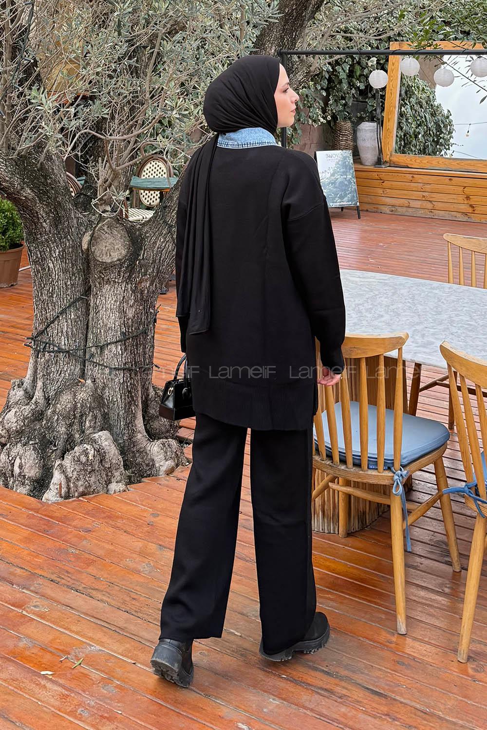 Lamelif Garnili Yaka Triko Takım Siyah