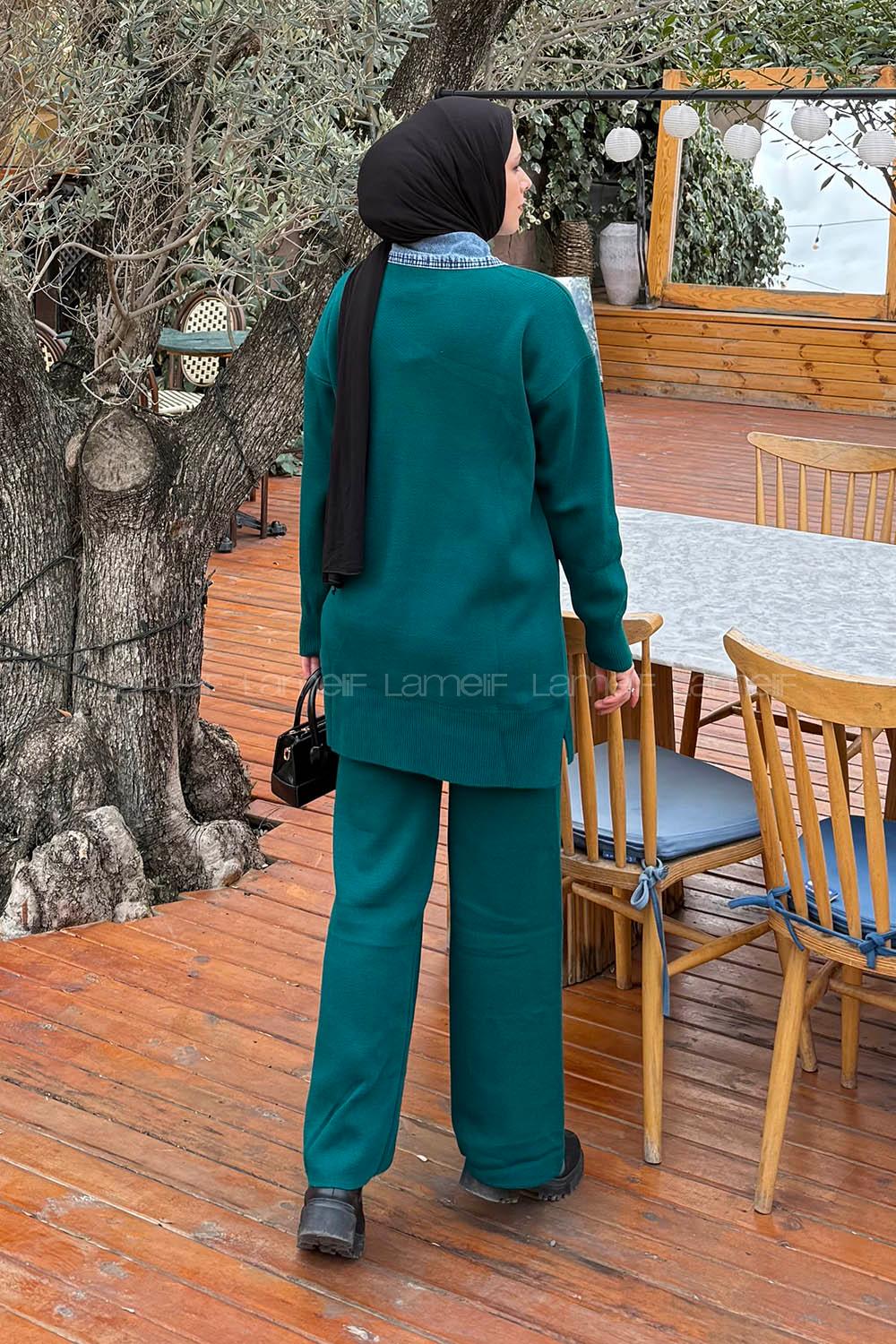 Lamelif Garnili Yaka Triko Takım Zümrüt Yeşili