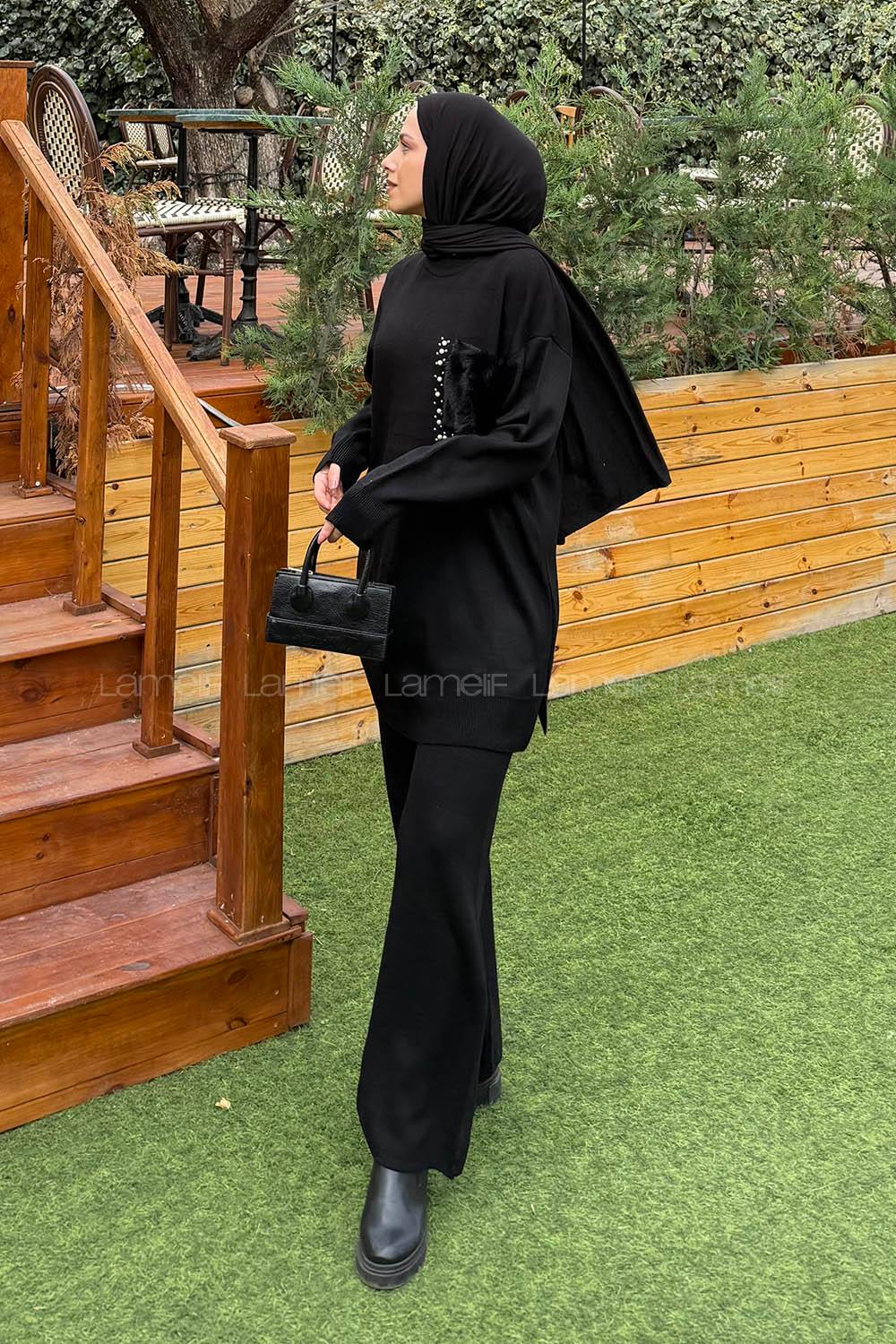 Lamelif Peluş Cep Triko Takım Siyah