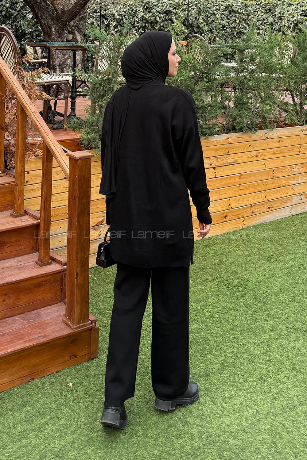 Lamelif Peluş Cep Triko Takım Siyah