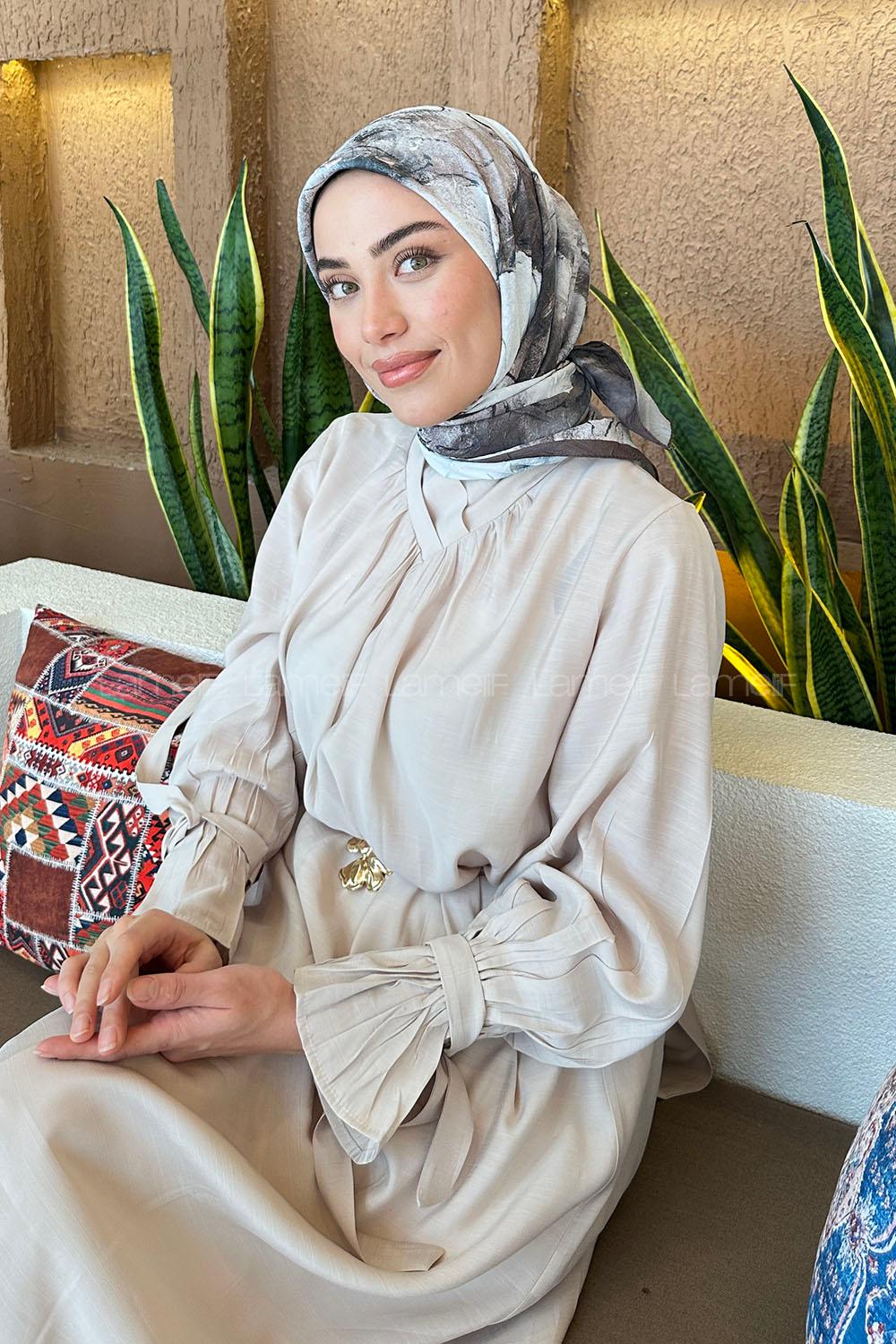 Lamelif Bohem Çiçek Desen Bambu Eşarp Acı Kahve