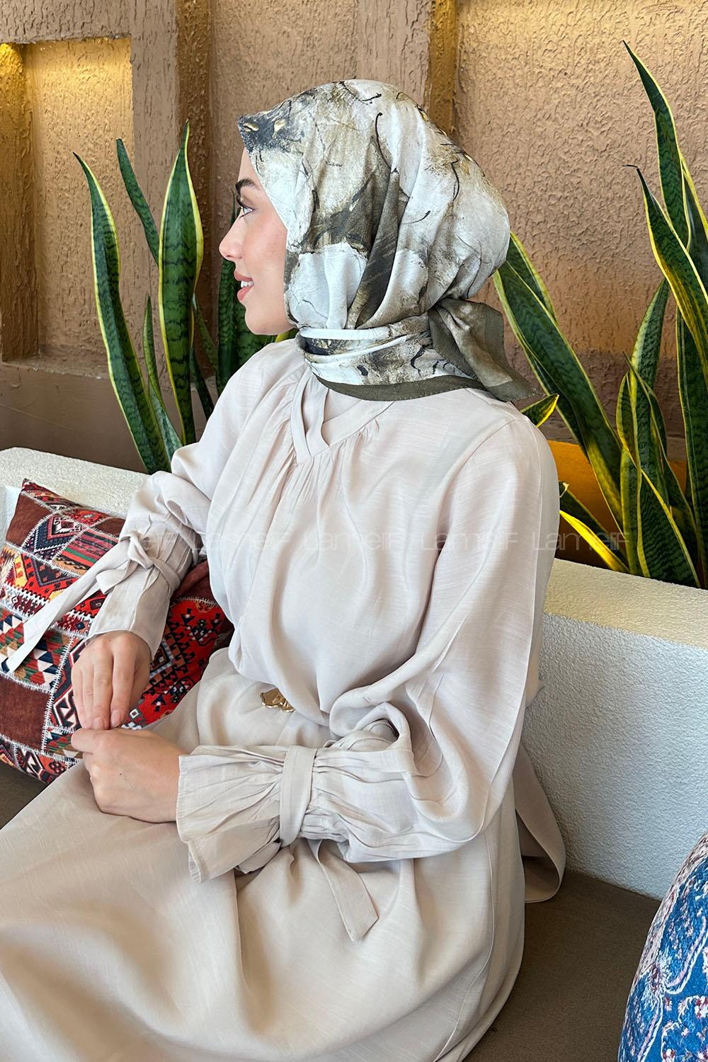 Lamelif Bohem Çiçek Desen Bambu Eşarp Asker Yeşili