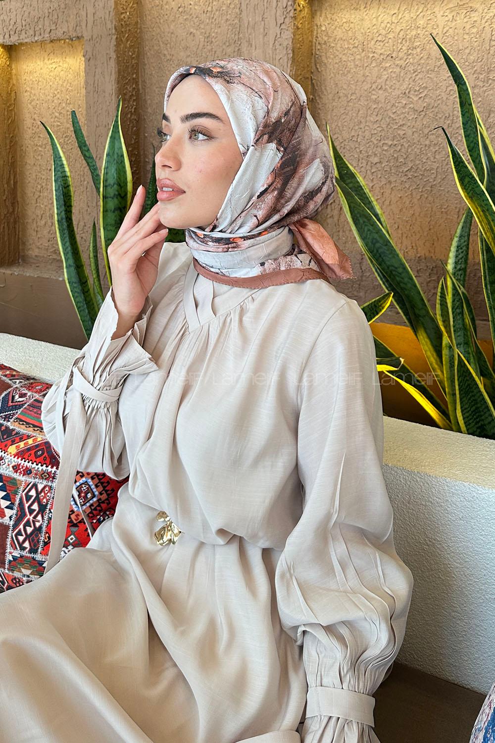 Lamelif Bohem Çiçek Desen Bambu Eşarp Badem