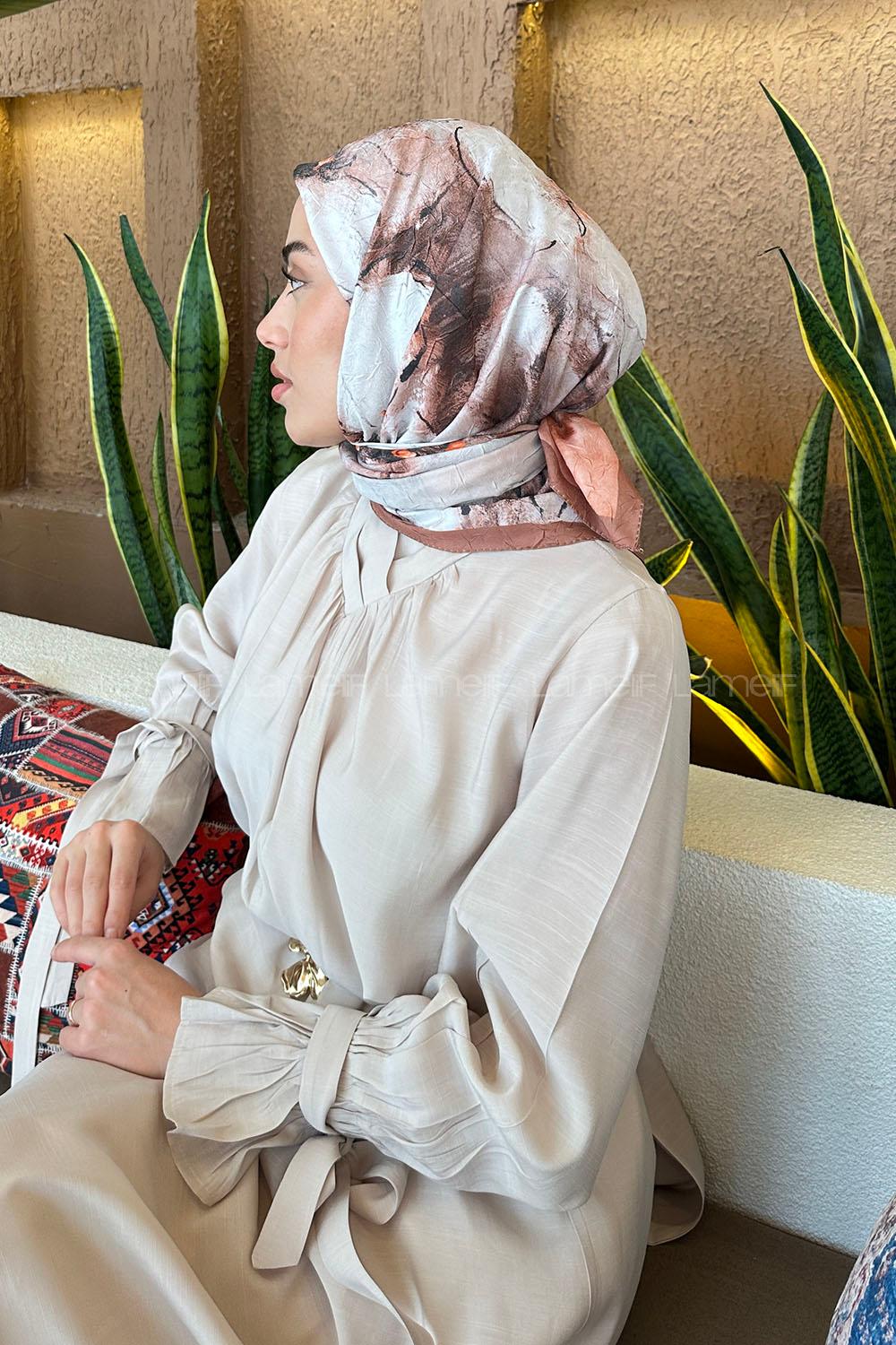 Lamelif Bohem Çiçek Desen Bambu Eşarp Badem