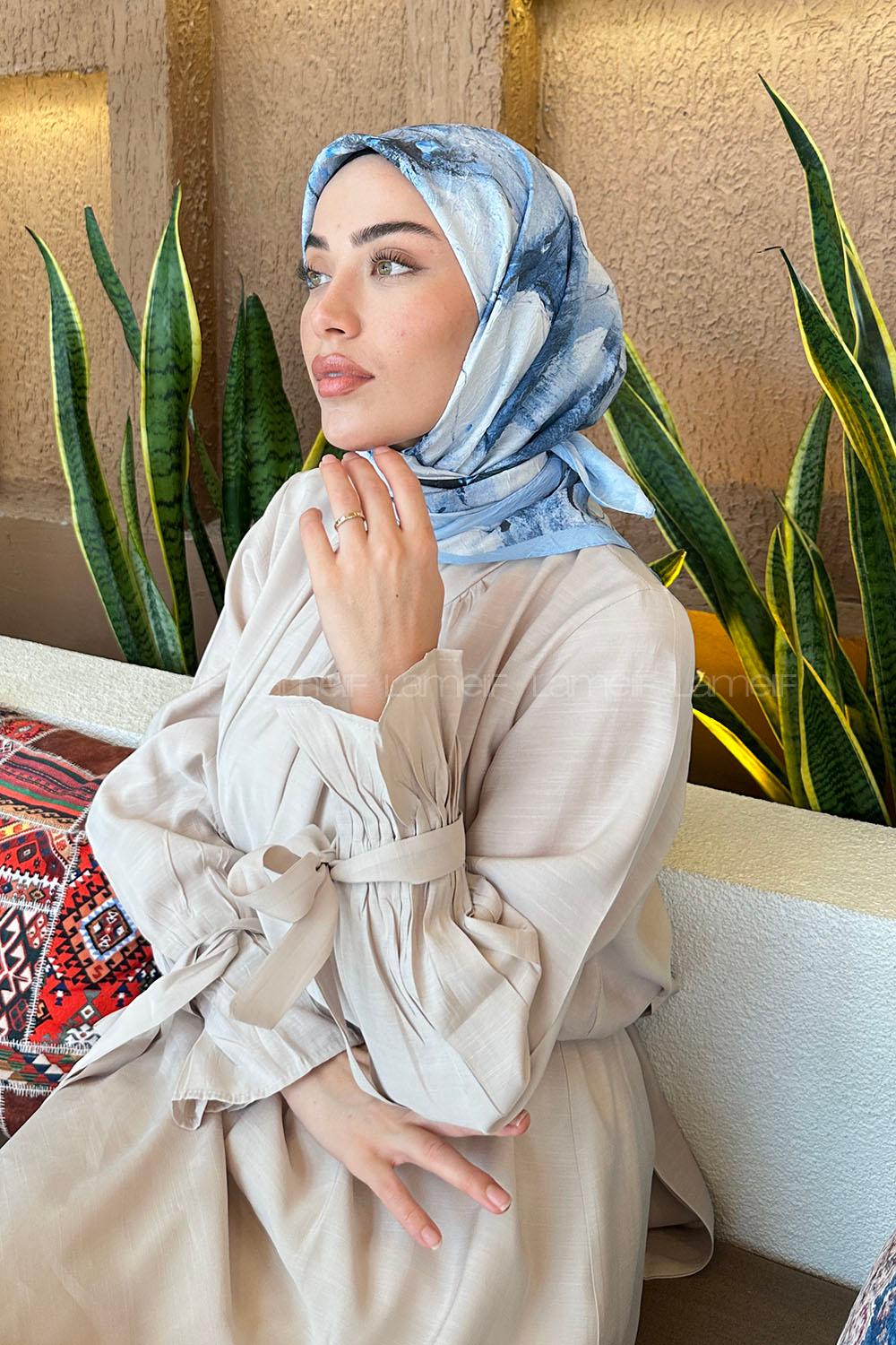 Lamelif Bohem Çiçek Desen Bambu Eşarp Bebe Mavisi