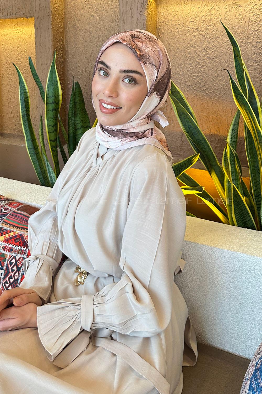 Lamelif Bohem Çiçek Desen Bambu Eşarp Camel