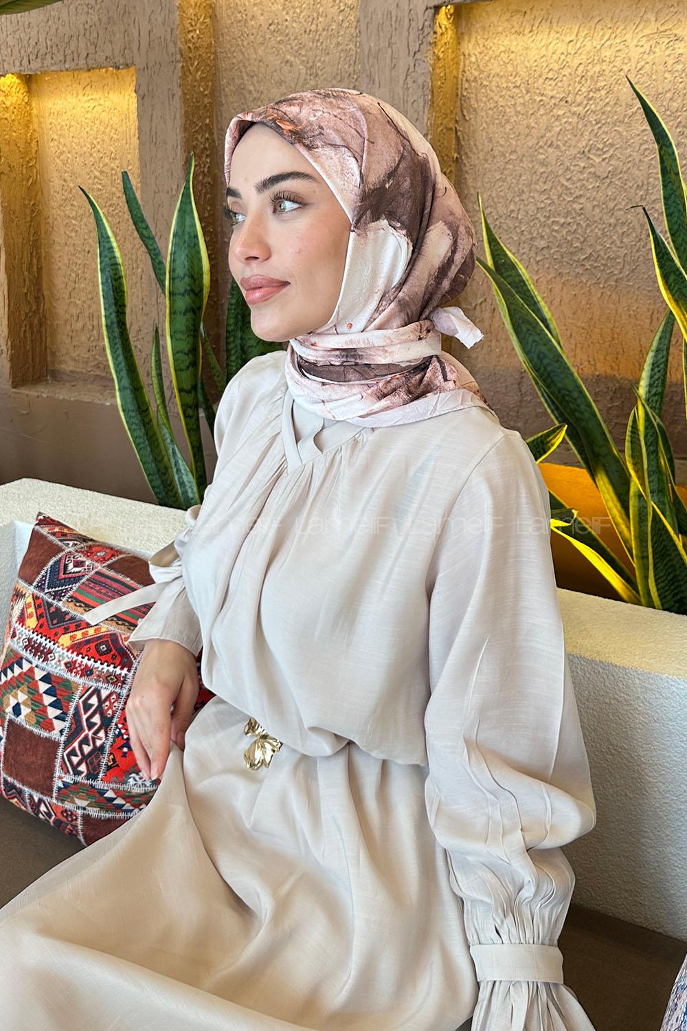 Lamelif Bohem Çiçek Desen Bambu Eşarp Camel