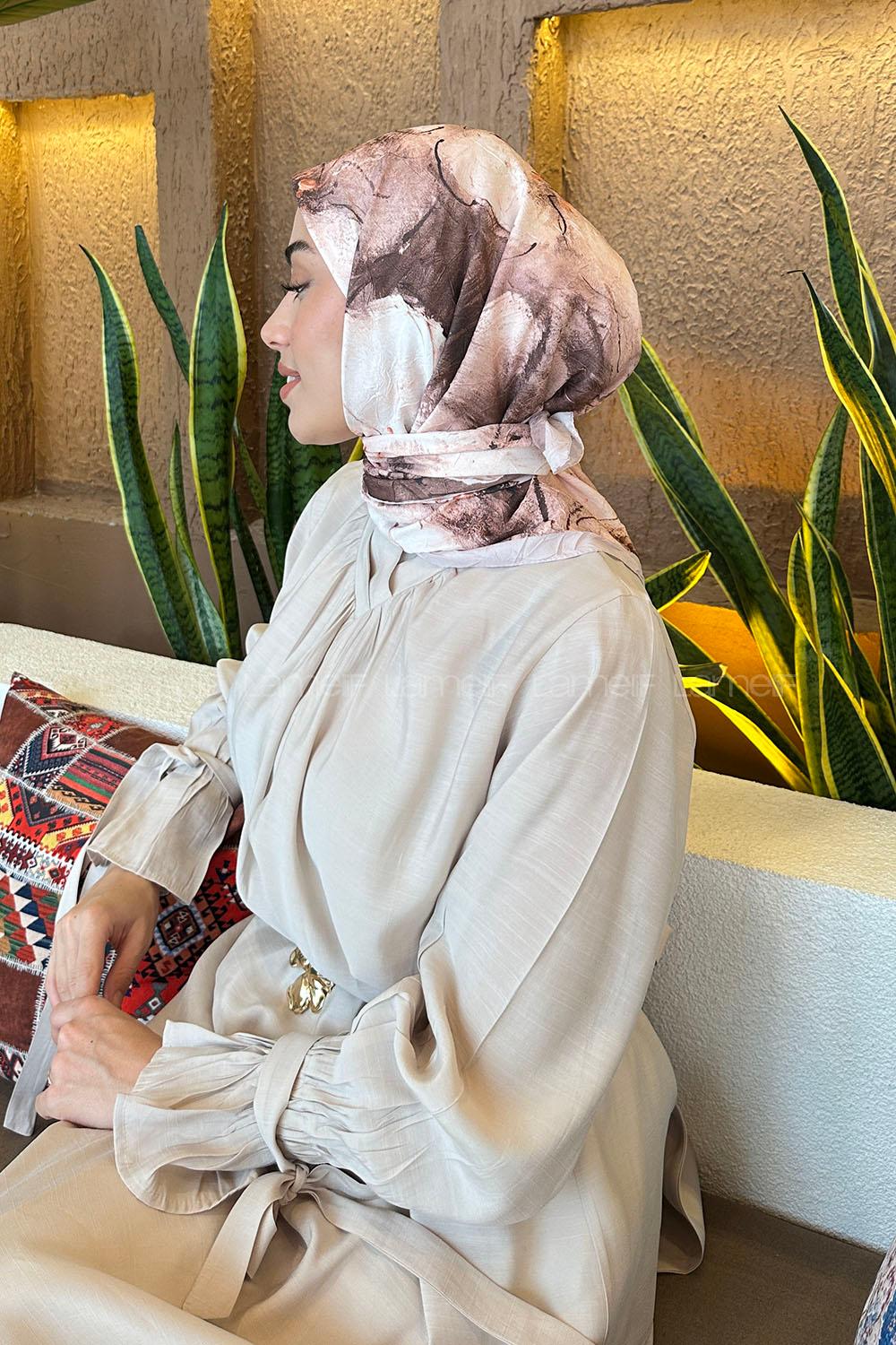 Lamelif Bohem Çiçek Desen Bambu Eşarp Camel