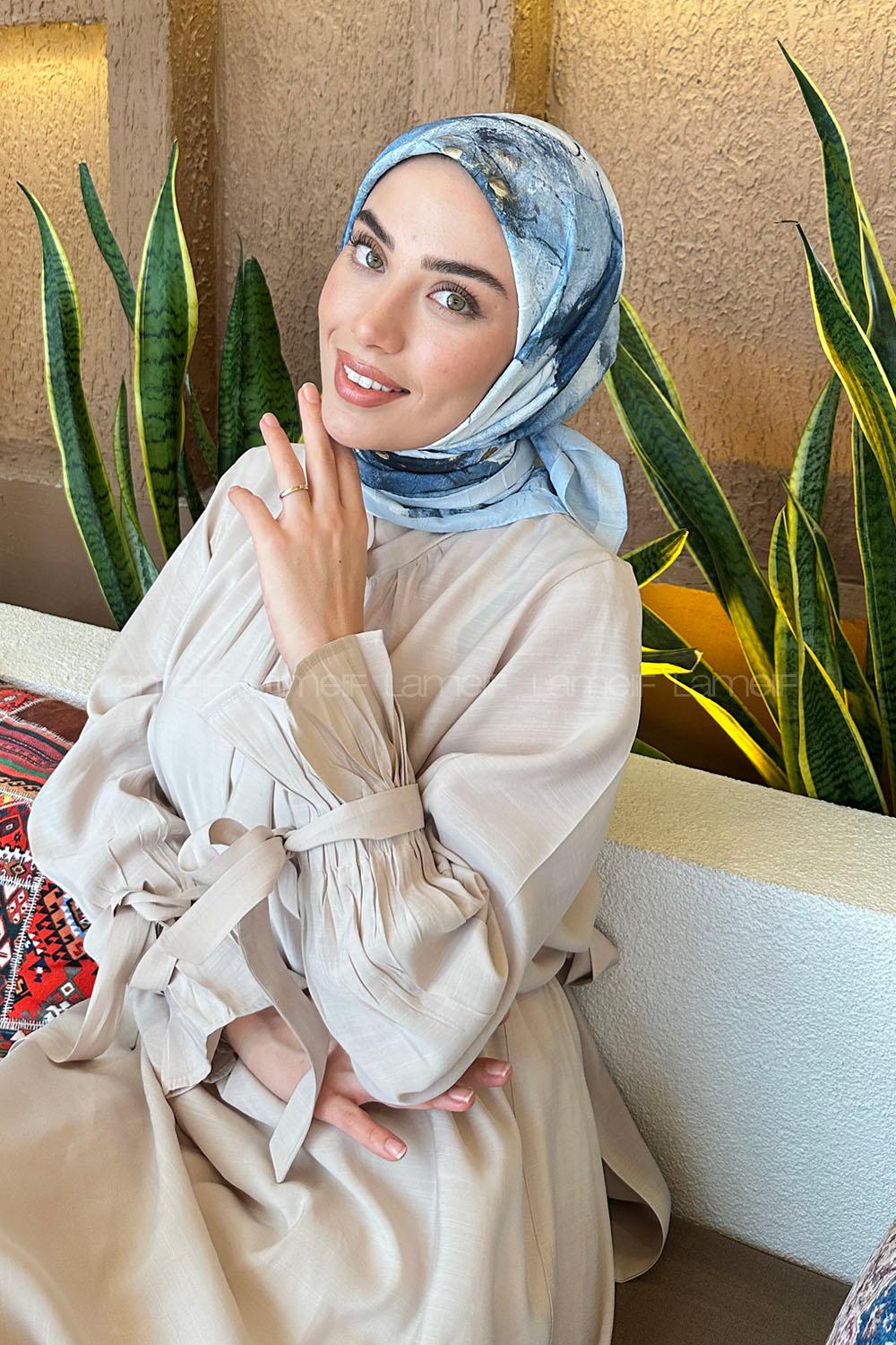 Lamelif Bohem Çiçek Desen Bambu Eşarp Gök Mavi