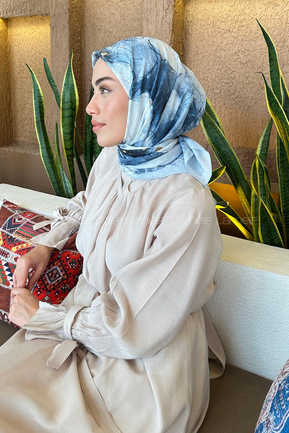 Lamelif Bohem Çiçek Desen Bambu Eşarp Gök Mavi