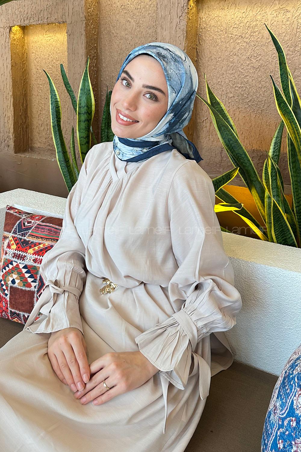 Lamelif Bohem Çiçek Desen Bambu Eşarp Lacivert