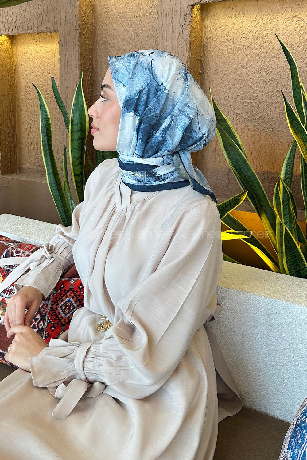 Lamelif Bohem Çiçek Desen Bambu Eşarp Lacivert