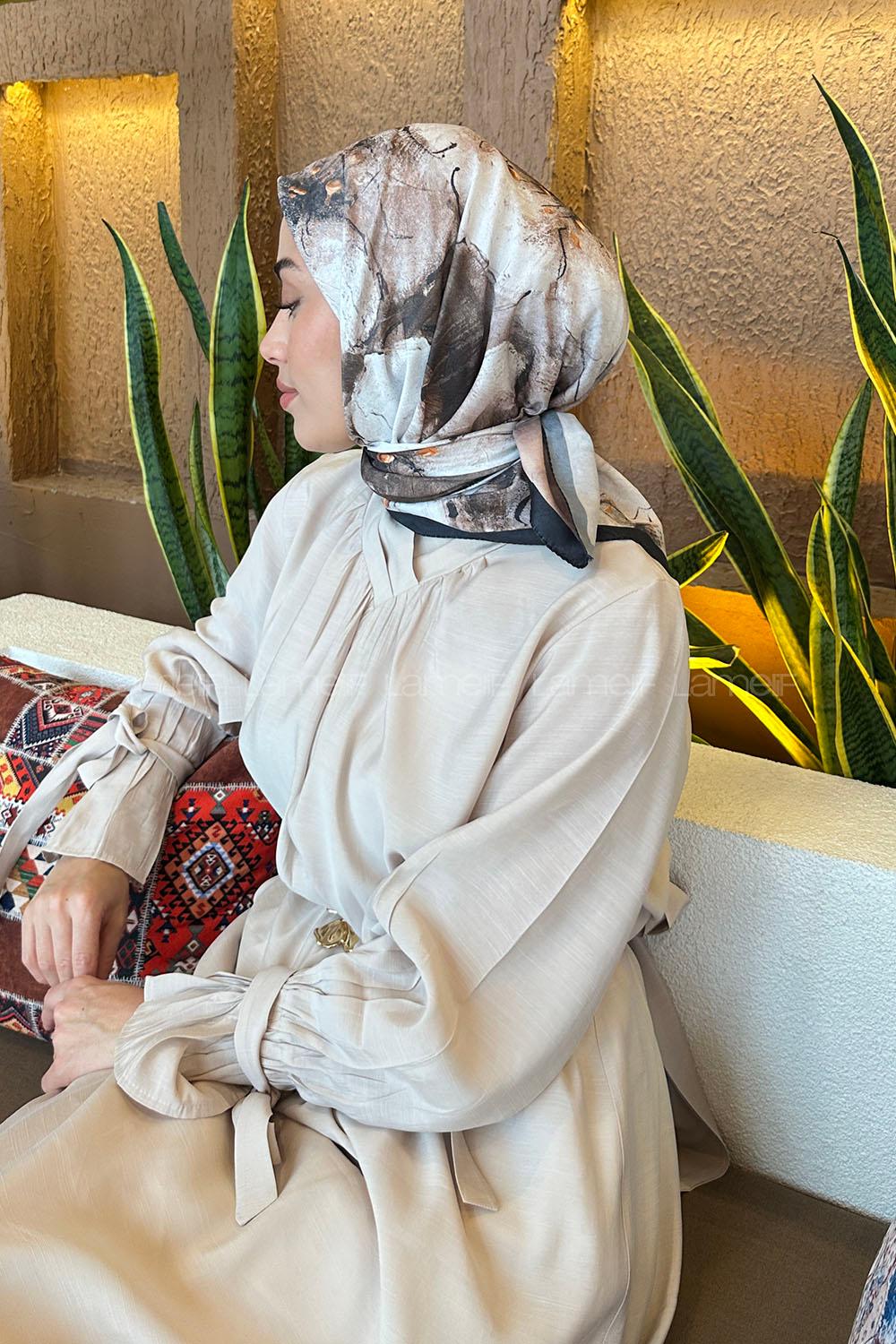 Lamelif Bohem Çiçek Desen Bambu Eşarp Siyah Vizon